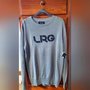 Mens Grey LRG survivalist designer sweater with tweed elbow patches. Size XL